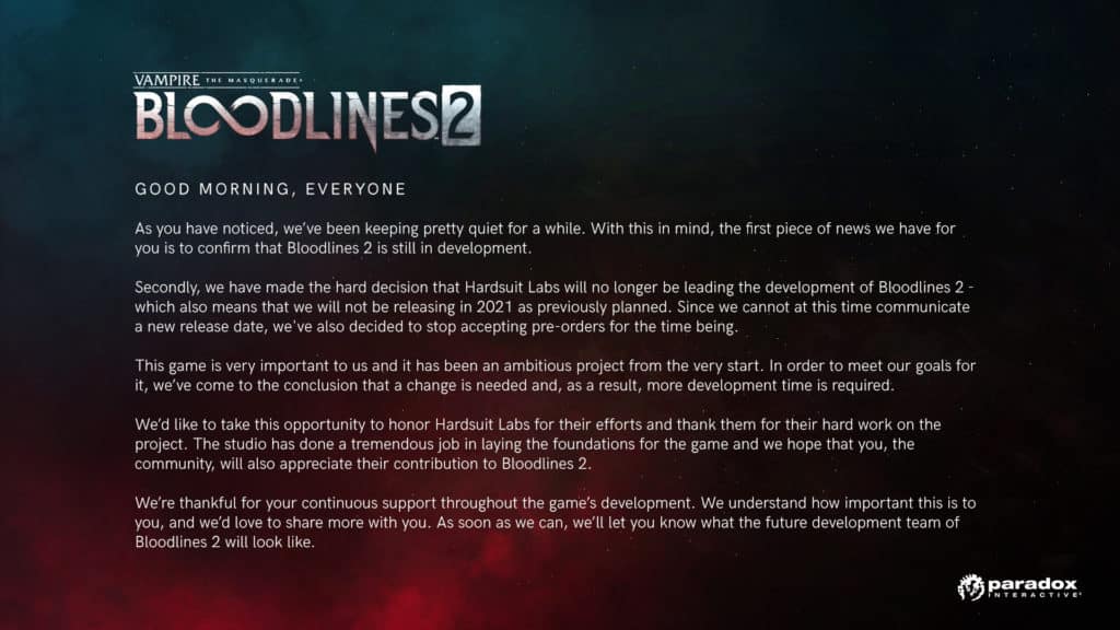 Vampire: The Masquerade - Bloodlines 2 Is Back With a New Developer and  Release Window