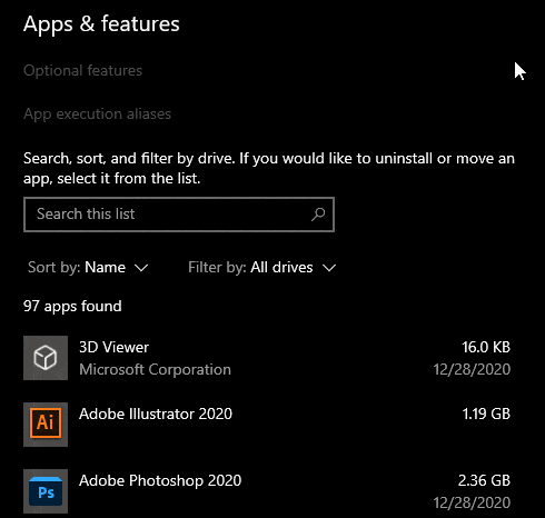 You can search for installed applications in this section