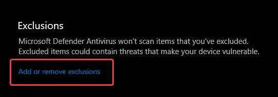 The exclusions section handles what folders or files are allowed and can't be scanned by Windows Defender
