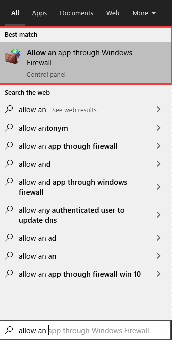 Search result that shows up whenever you want to allow something to pass through the Windows Firewall