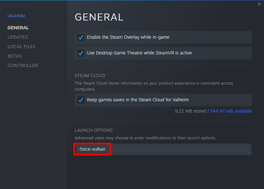 Valheim vulkan launch options