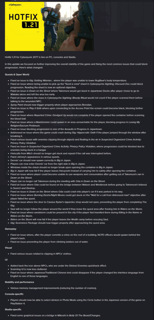 Cyberpunk 2077 Patch 1 21 Is Now Out For All Platforms