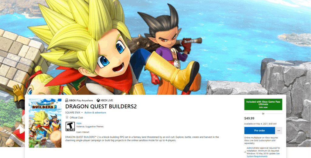 Dragon Quest Builders 2 appears in the Microsoft Store