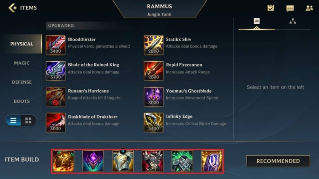 Rammus Wild Rift - Recommended Items