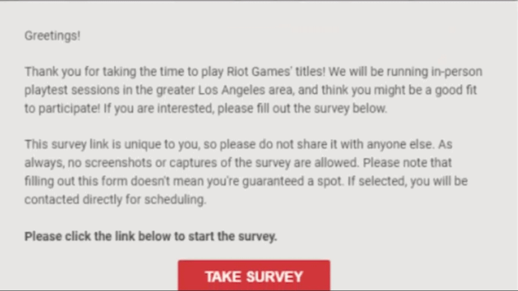 Email survey for Project L playtest