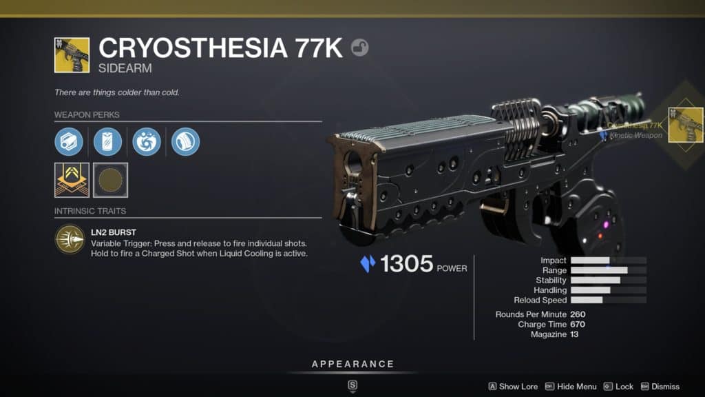 Destiny 2 Exotic weapon Cryothesia 77k. A Stasis-powered sidearm introduced in Season of the Splicer.