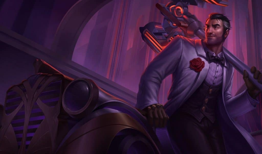 Jayce with a debonair aura in a white tuxedo