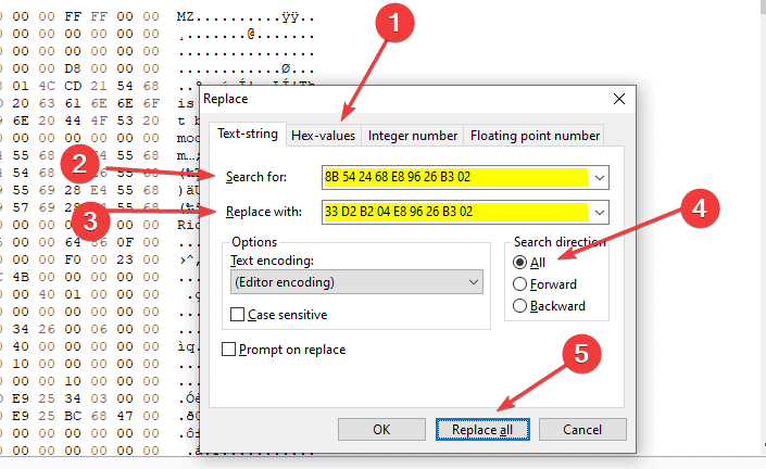 You can replace the hex values inside HxD by simply opening the replace window