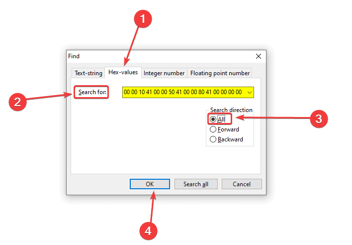 Searching for any hex-value can be done using this Window and setting the Search Direction to All