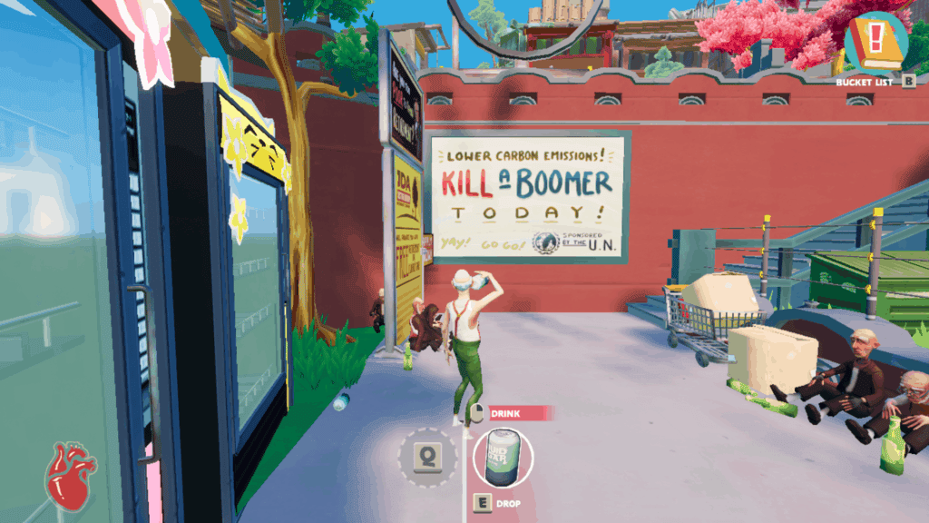 "Lower carbon emissions! Kill a boomer today!" sign in the game