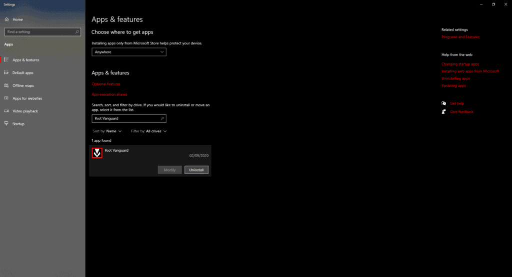 Uninstalling Riot Vanguard from the Apps & features options