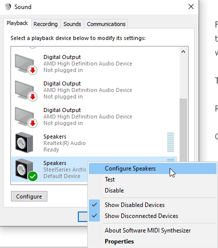 You can configure your current Output device in the Playback section of Sound