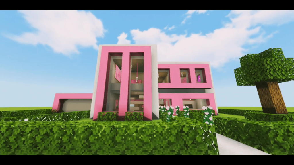Rumah minecraft merah muda yang mencolok