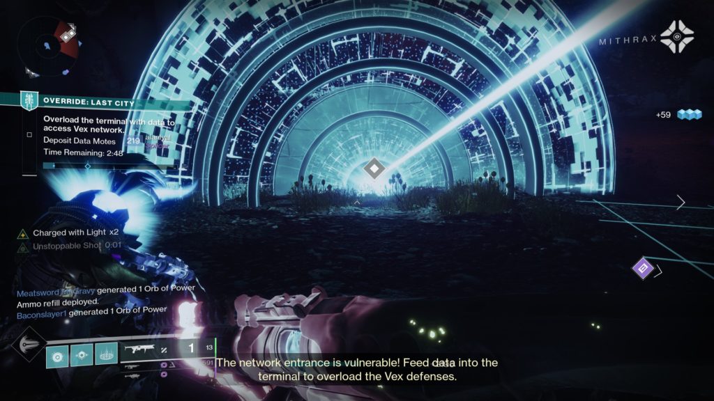 Enter the portal after depositing at least ten motes in Override: Last City