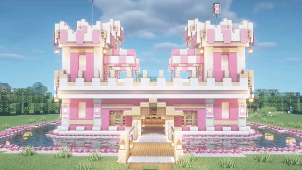 Розовый замок Милая идея здания для Minecraft