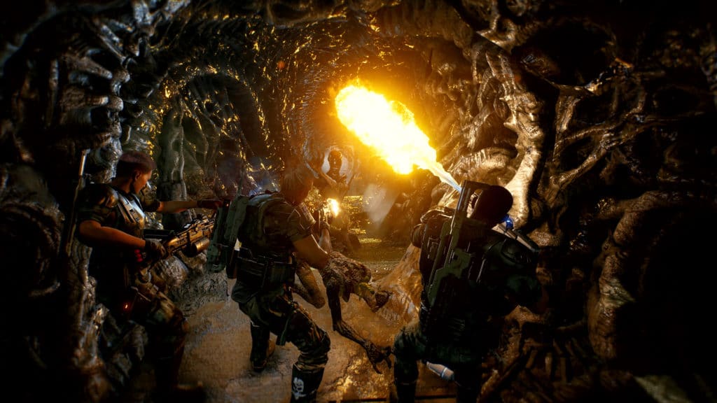 The Aliens Fireteam Elite screenshot showcases various characters engaging enemies