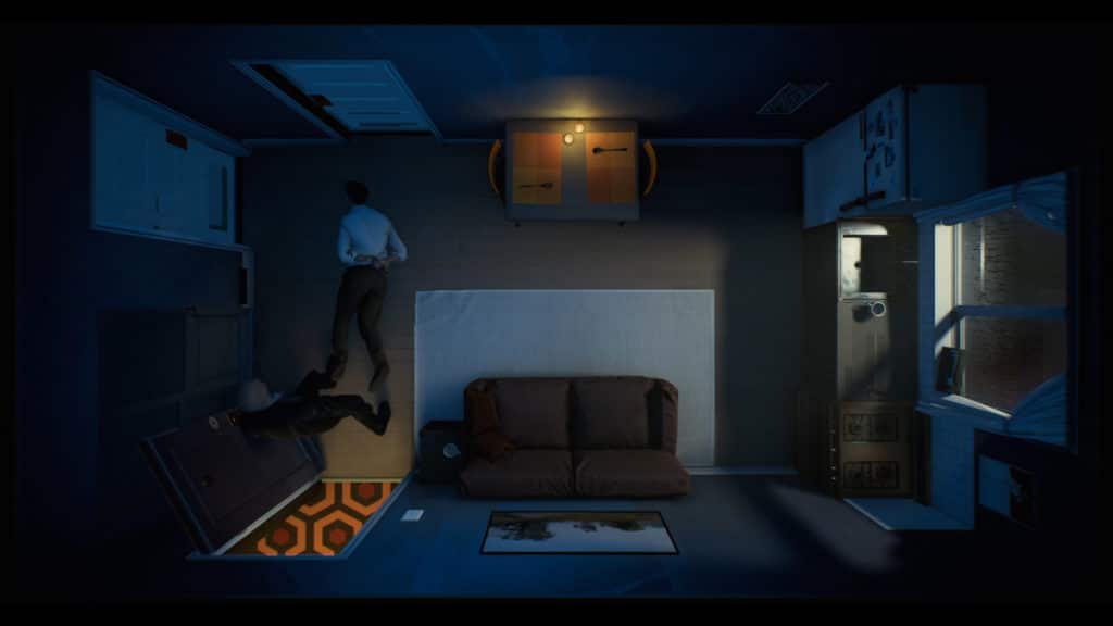 The main character has been hand-cuffed by the "cop", and is lying on the floor unable to break free