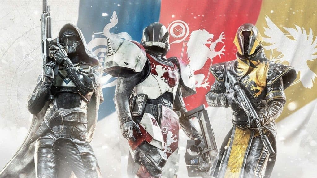 Kelas Hunter (kiri), Titan (tengah), dan Warlock (kanan) di Destiny 2