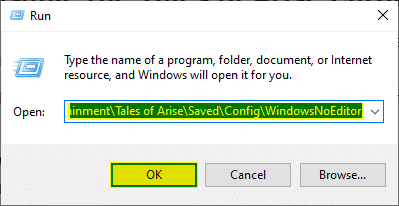 Windows Run allows you to access any folder quickly further allowing you to disable Tales of Arise chromatic aberration