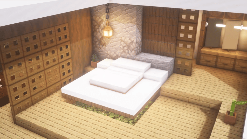 White Bed Design for Minecraft 1.17 Birch Wood Elegant