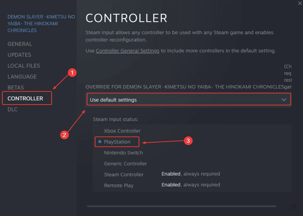 Adjusting Controller properties in Steam can allow you to enable the Demon Slayer The Hinokami Chronicles PS4 button prompts