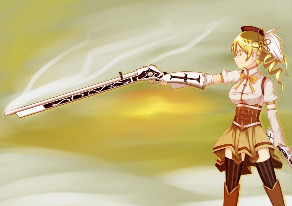 Mami tomoe about to take a shot with her shotgun