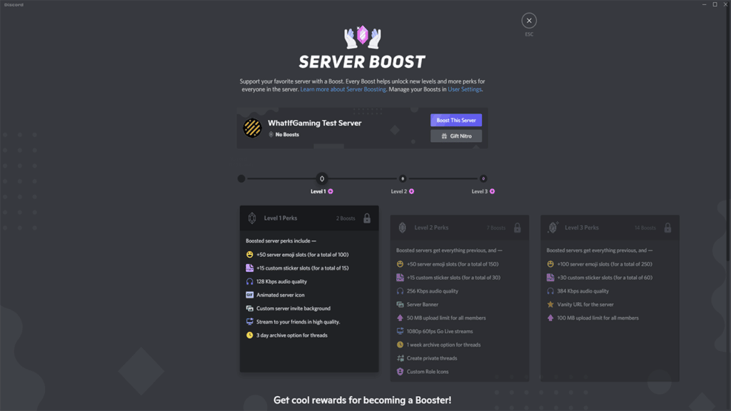 The three server Boost Levels and their respective features