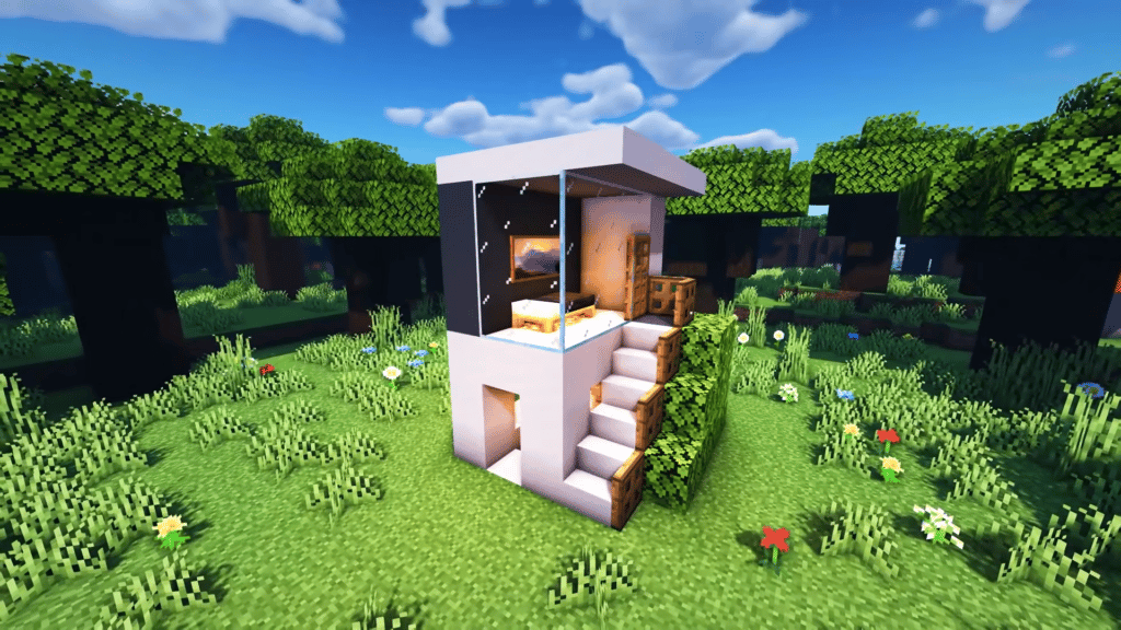 Moderný biely malý dom Minecraft ľahký režim prežitia rýchleho zostavenia
