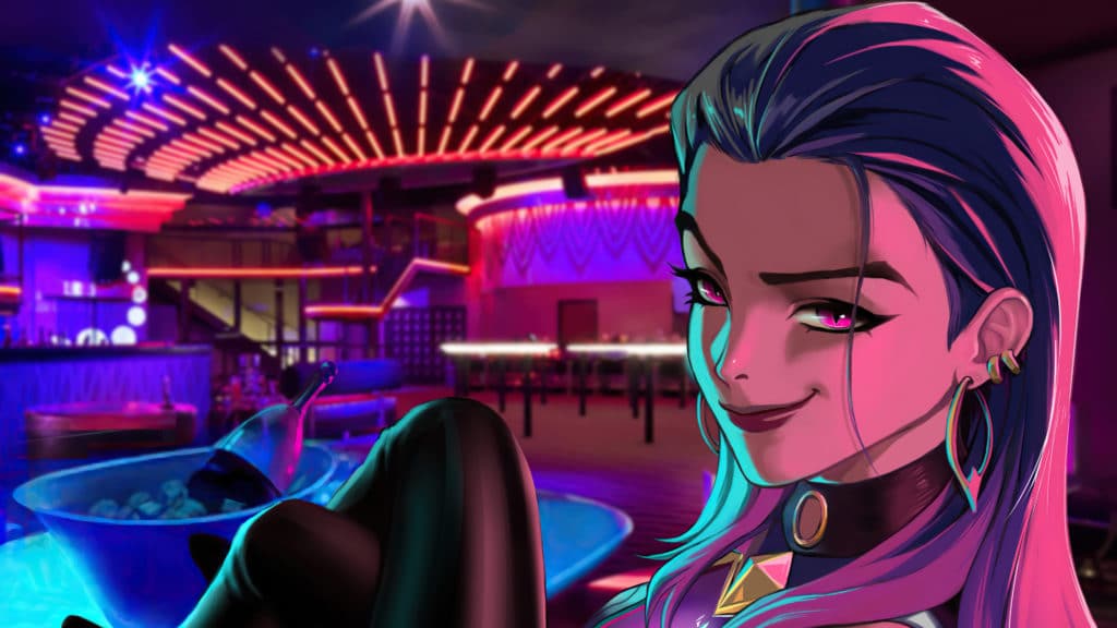 A Valorant wallpaper of Reyna chilling in a bar
