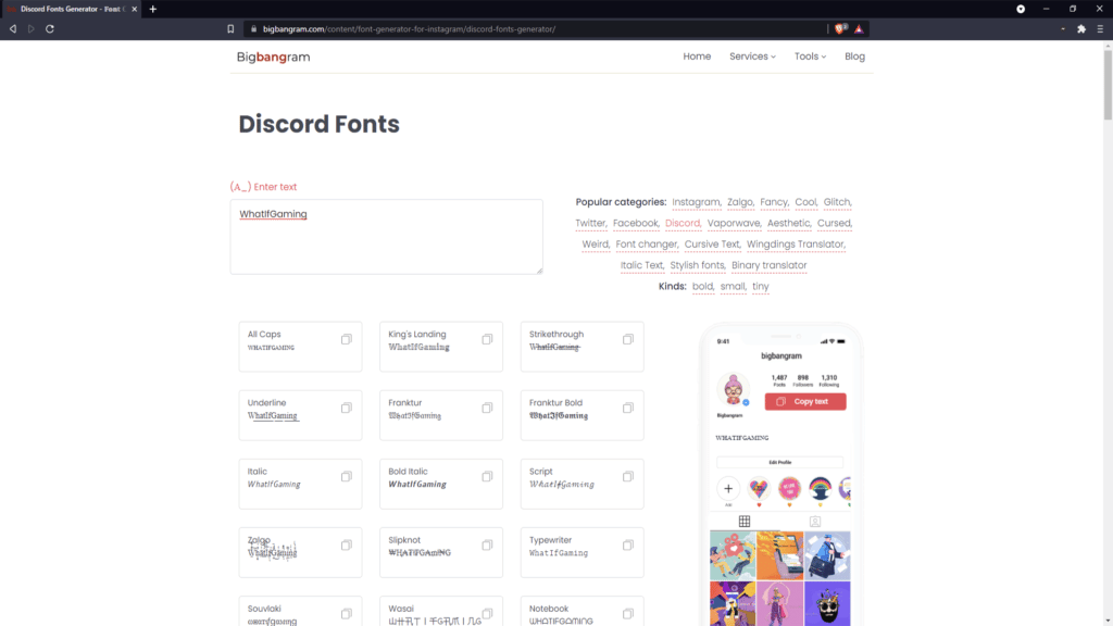 Homepage of Bigbangram.com, a discord name font generator