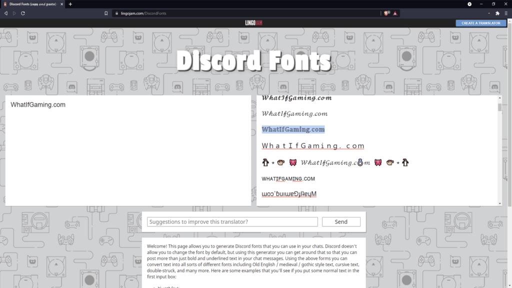 Generating different Discord name fonts for "WhatIfGaming.com" on Lingojam.com