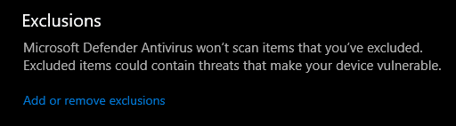 The Exclusions section in Windows Security allows you to add folders, and applications to the exceptions list