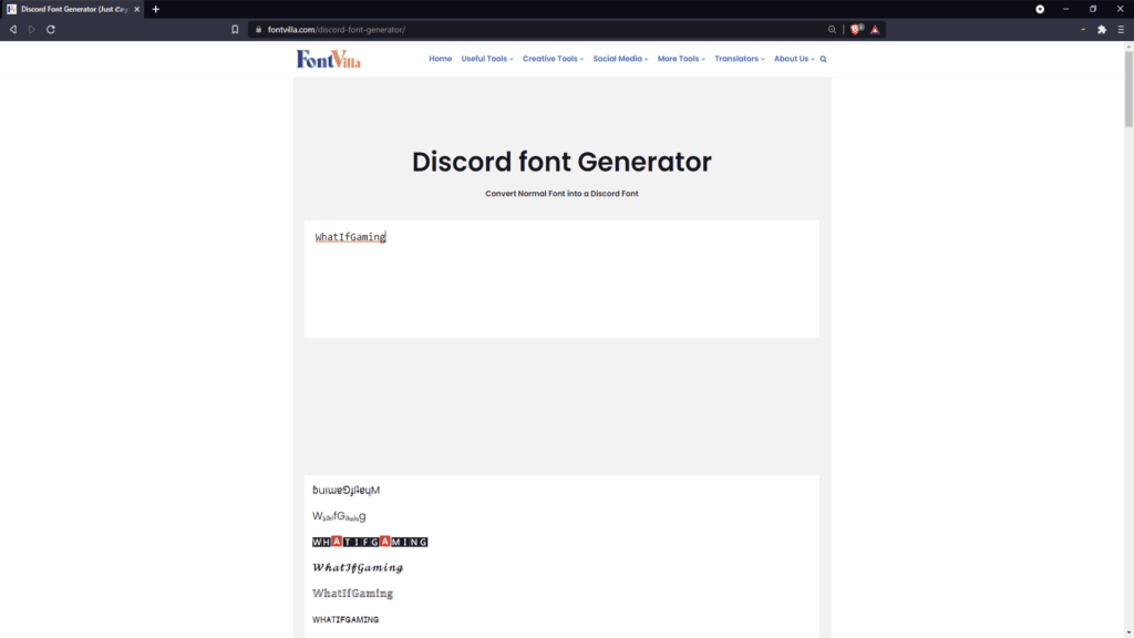 Homepage of Fontvilla.com, a discord name font generator