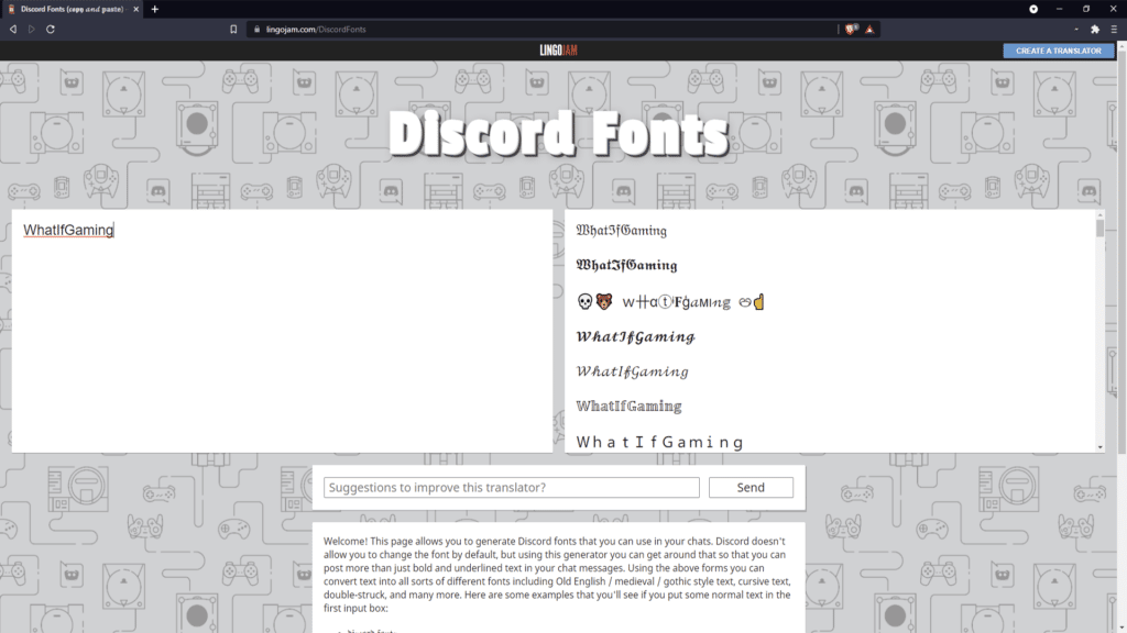 Homepage of Lingojam.com, a discord name font generator