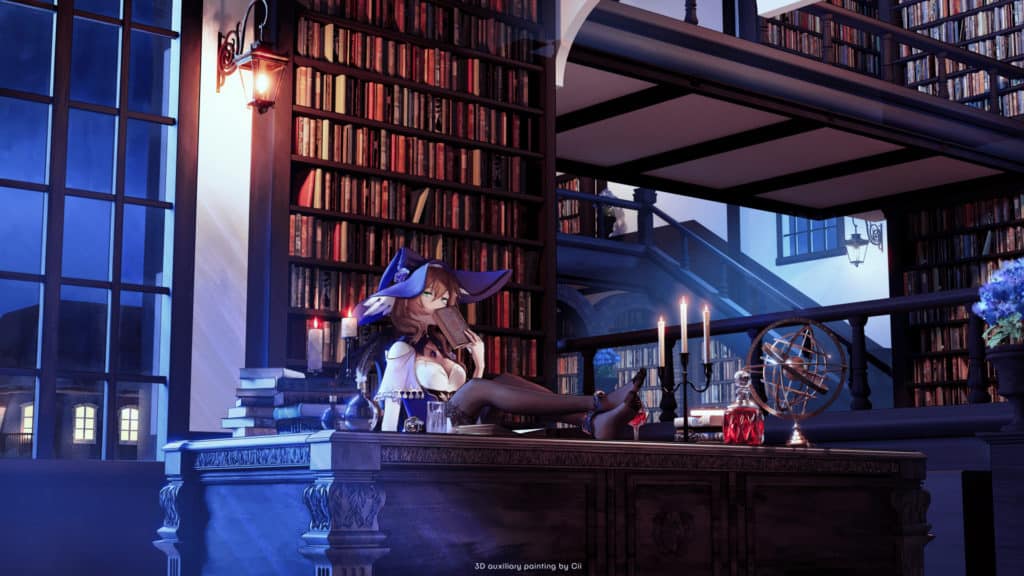 Genshin impact wallpaper of lisa in a library