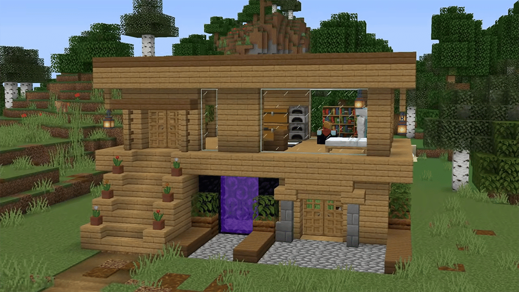 Survival House Simple Design Nether Portal Minecraft 1.18 How to Build