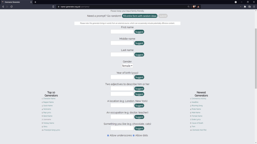 Male username generator