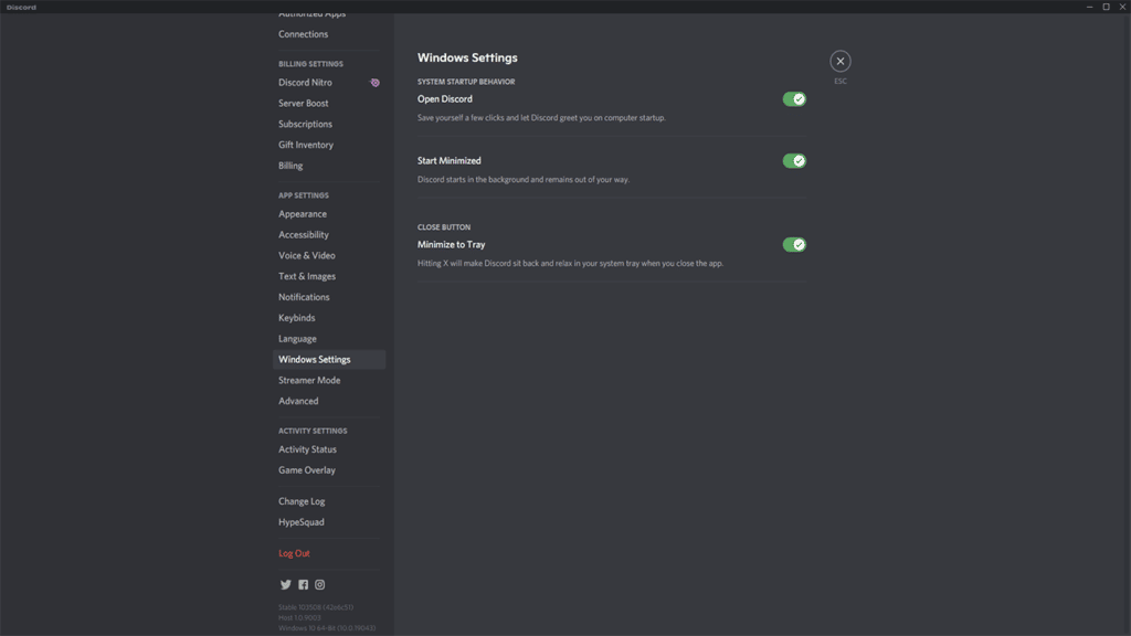Discord windows settings to stop from opening on startup
