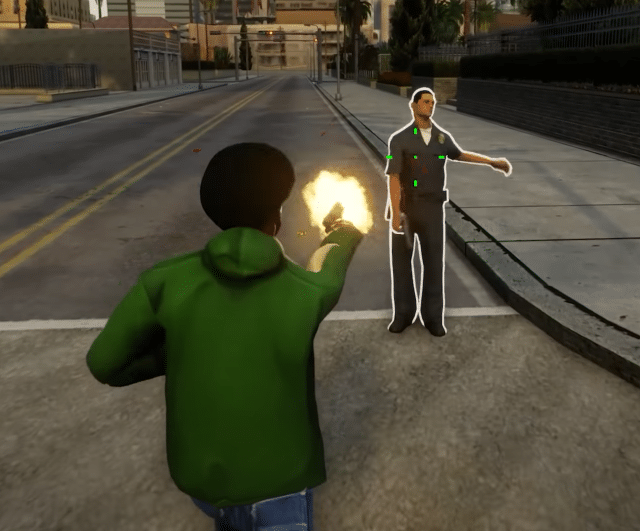 Aiming at characters introduces a white line, which can be removed using the GTA Trilogy Definitive Edition No Outlines Mod