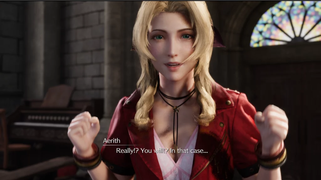 This is how Aerith looks like when her hair has been modded using the Final Fantasy 7 Remake Alternate Hair Color Mod