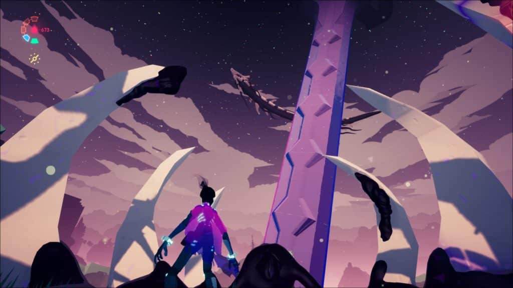 Solar Ash Screenshot showing one of the bosses, and Rei looking at it from a distance