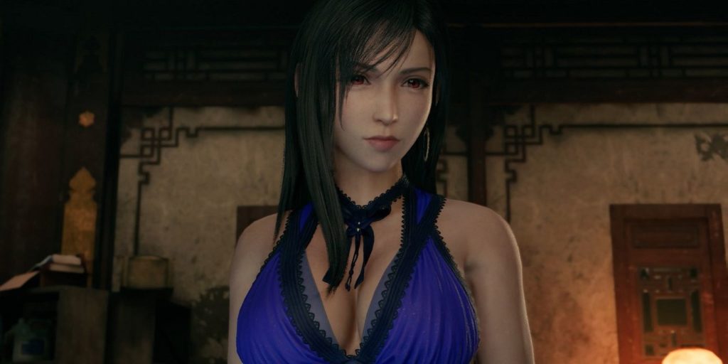 This is how the character model looks like after you install the Final Fantasy 7 Remake Tifa Purple Dress Mod