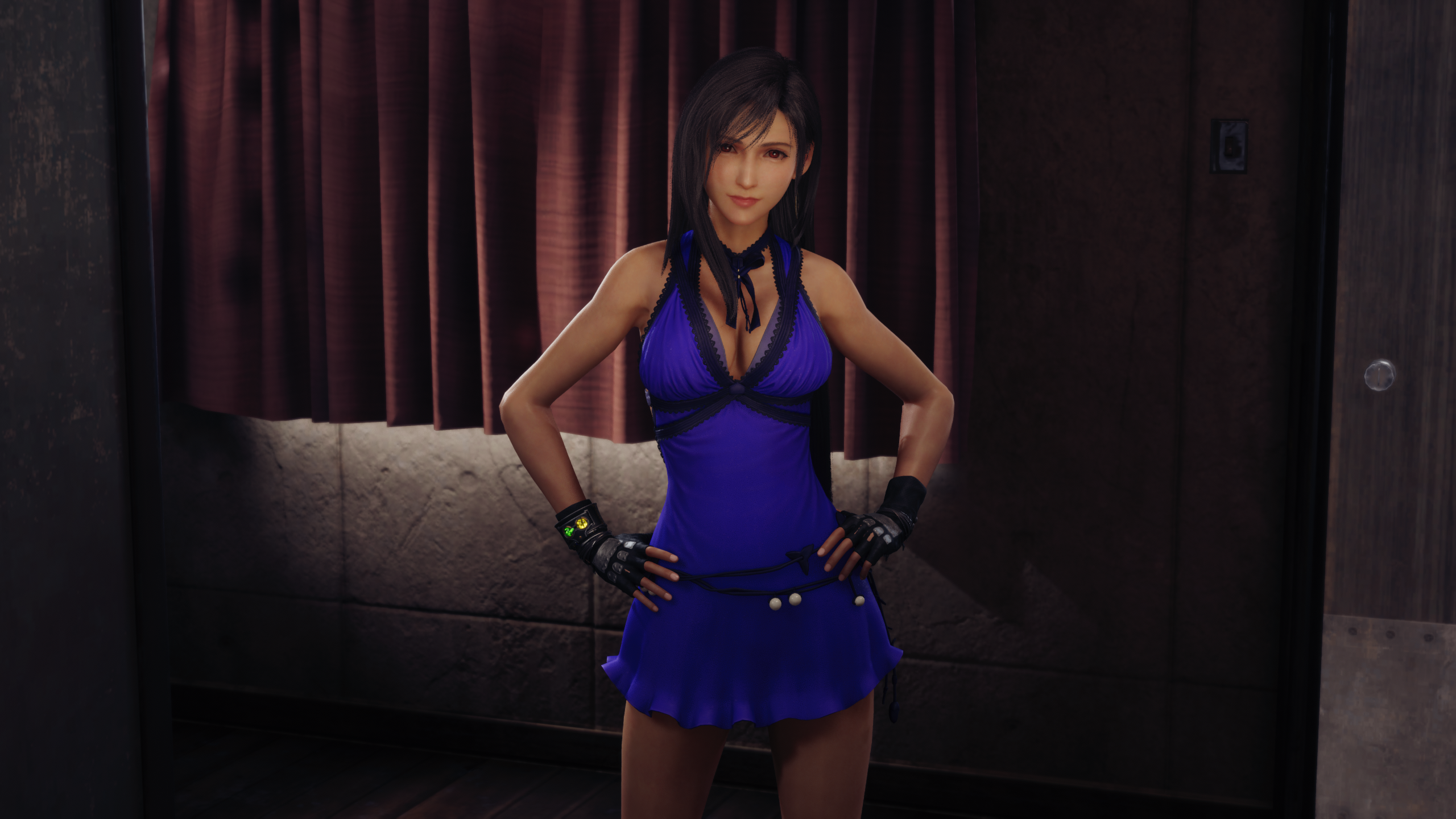 This is how the character model looks like after you install the Final Fantasy 7 Remake Tifa Purple Dress Mod