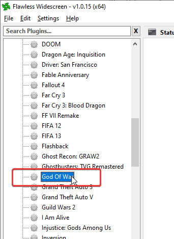 The available list of games in Flawless Widescreen has God of War recently added