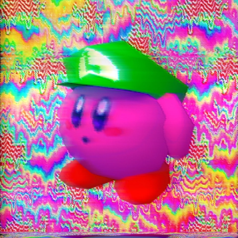 Kirby wearing Luigi hat