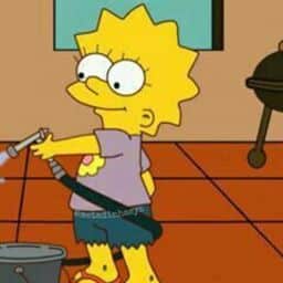 Lisa using the hose to spray Bart with water