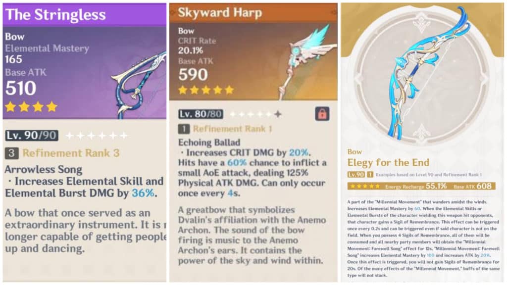 Genshin Impact Weapons - The Stringless, Skyward Harp, Elegy for the End