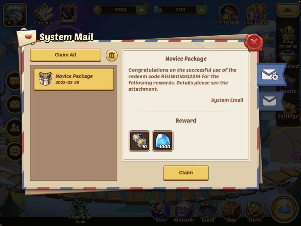 Screenshot of Idle Heroes system mail