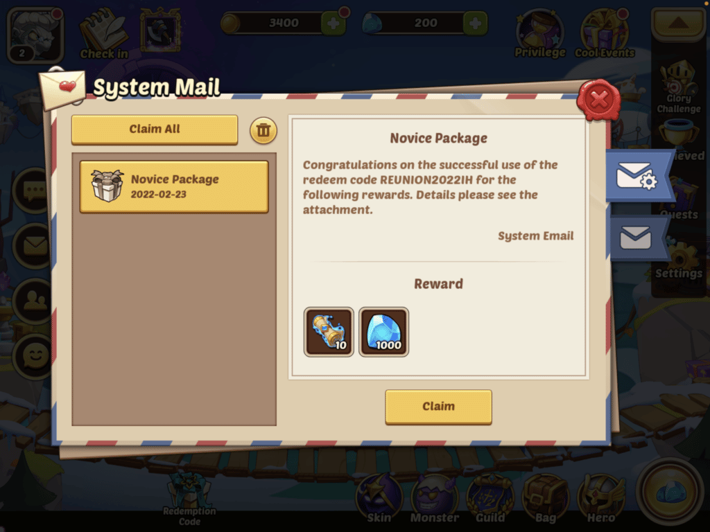 Captura de pantalla del correo del sistema de Idle Heroes