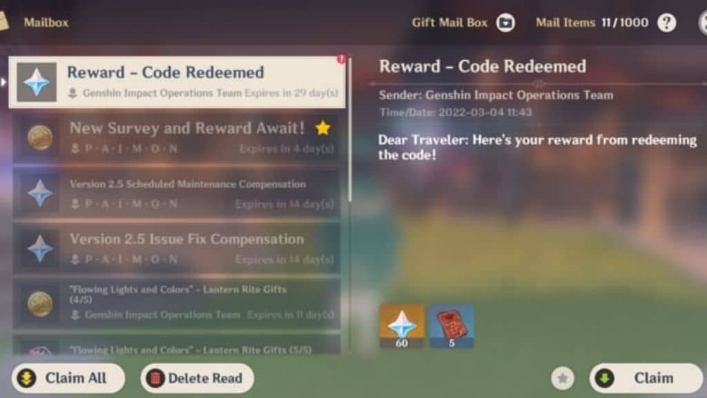 Captura de pantalla de Genshin Impact en Mailbox